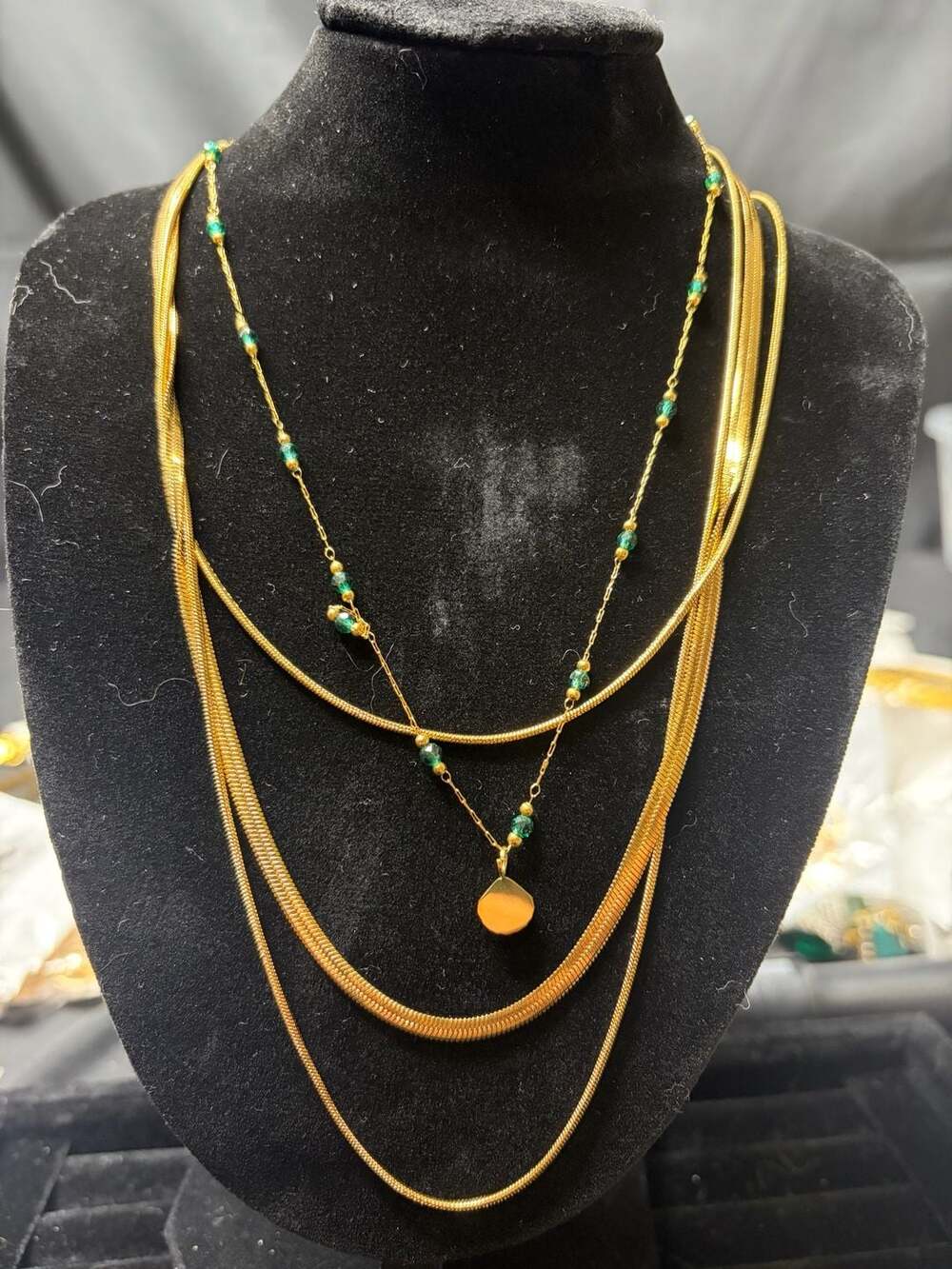 2 Layered Gold Tone Necklaces with Green Crystal Beads and Pendant